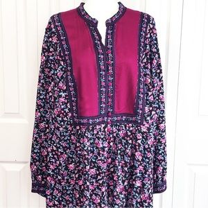 NWT Woman Within Black Rose Print Bib Front Tunic Blouse 1X
